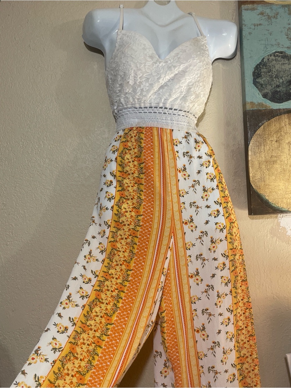 J for Justify White Lace Bodice Yellow Floral Wide-Leg Jumpsuit